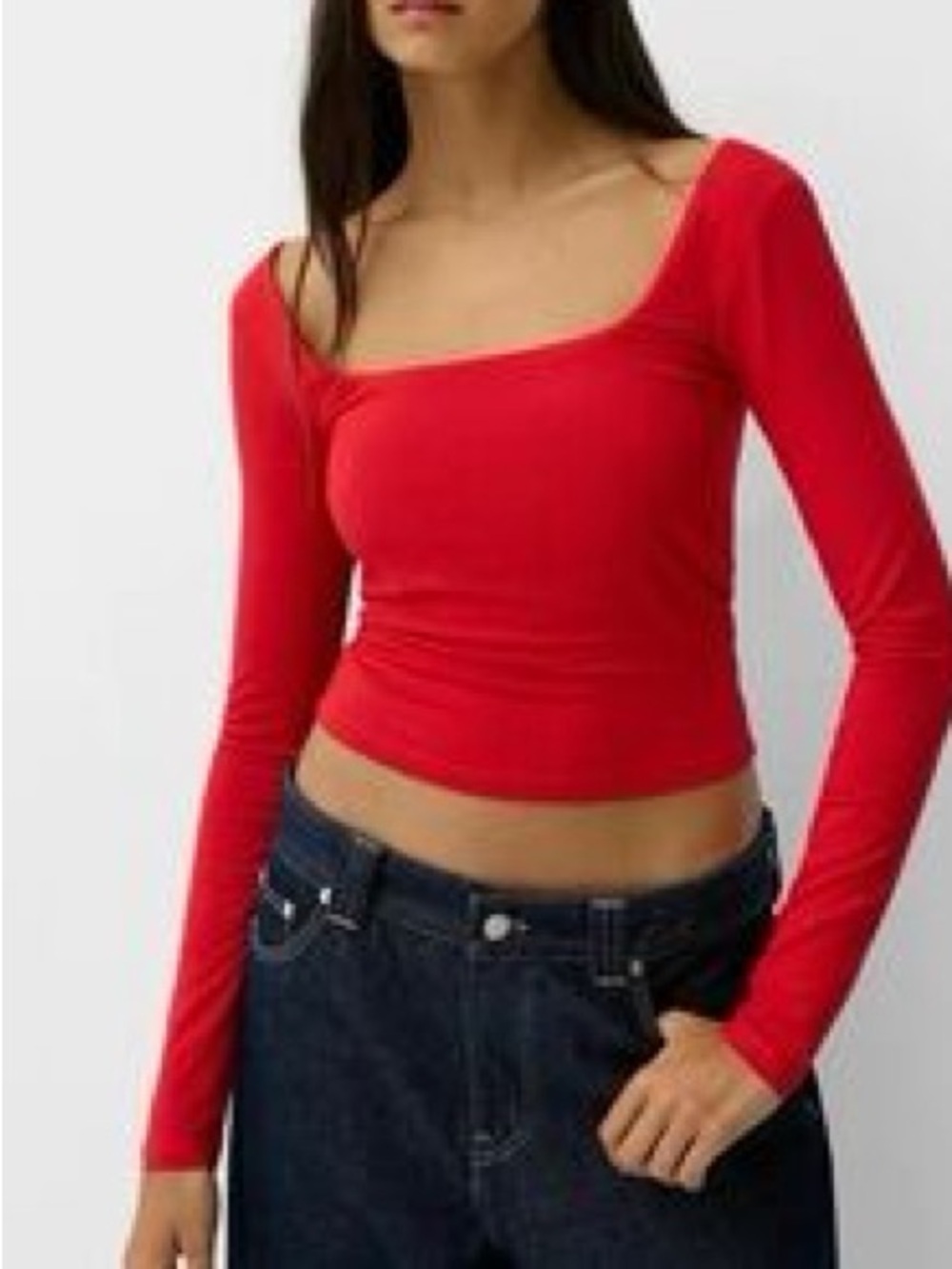 Bershka Red Square-Neck Long Sleeve Crop Top